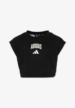 Czarny krótki t-shirt Adidas z krótkimi rękawami, z białym logo Adidas i napisem wyśrodkowanym na klatce piersiowej.