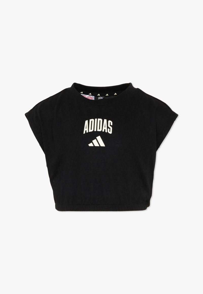 T-shirt Adidas noir court à manches courtes avec logo et texte Adidas blancs centrés sur la poitrine.