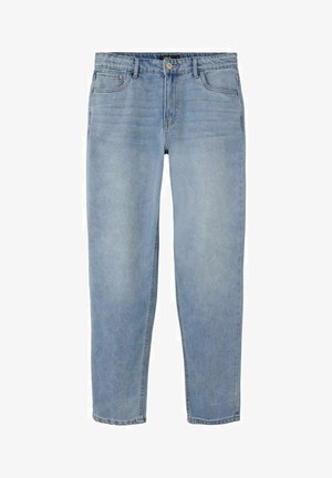 Jean en denim bleu clair avec une coupe droite, cinq poches et une fermeture éclair. Présente une légère décoloration et un ourlet classique cousu.