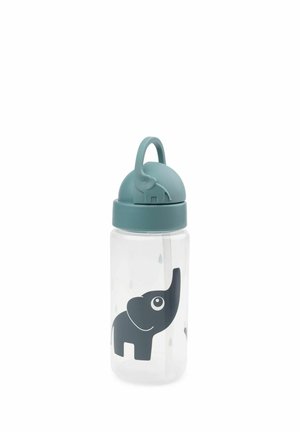 Gennemsigtig plastik børne vandflaske med grå elefantgrafik og turkis flip-top låg med en elefantformet håndtag.