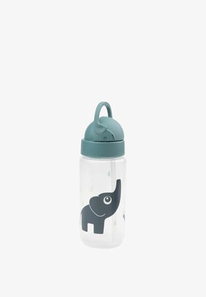 Clear plastic children's water bottle with gray elephant graphic and teal flip-top lid featuring an elephant-shaped handle.