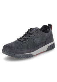 Schwarze Netzsneaker mit grauen Akzenten, strukturierter Oberfläche, Gummisohle und kontrastierendem roten Fersenelement. Verfügt über ein traditionelles Schnürdesign.