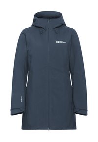 Marineblauwe waterdichte jas met capuchon, rits aan de voorkant, verstelbare trekkoorden en logo op de borst. Bevat lange mouwen en een slank ontwerp.