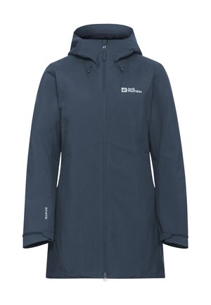 Marineblauer wasserdichter Jacke mit Kapuze, Reißverschluss vorne, verstellbaren Kordeln und Logo auf der Brust. Mit langen Ärmeln und schlankem Design.