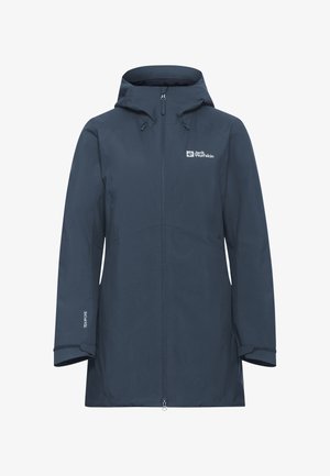 Marineblauer wasserdichter Jacke mit Kapuze, Reißverschluss vorne, verstellbaren Kordeln und Logo auf der Brust. Mit langen Ärmeln und schlankem Design.