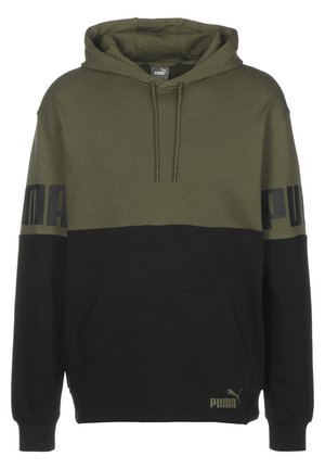 Bluza z kapturem z oliwkowozielonym górnym i czarnym dolnym panelem, przednią kieszenią, troczkami oraz logotypami "PUMA" na rękawach i dolnej przedniej części.
