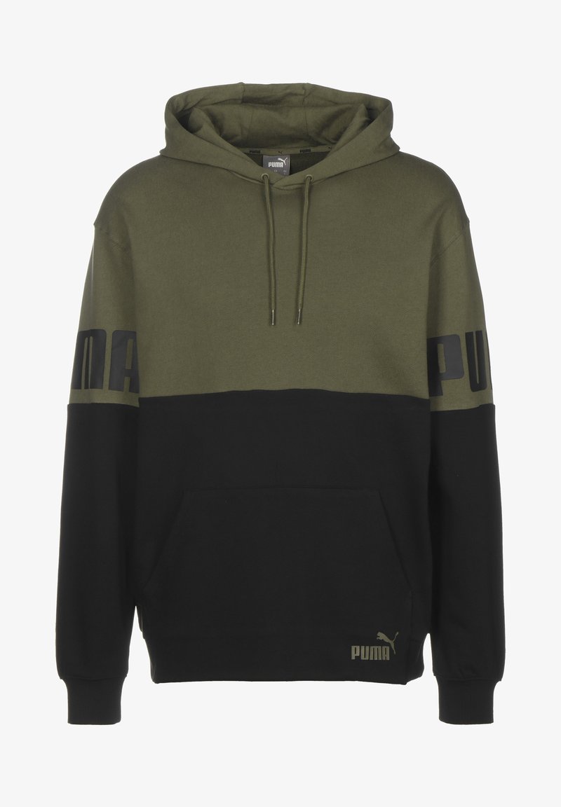 Sweat à capuche avec le haut vert olive et le bas noir, poche frontale, cordons et logos "PUMA" sur les manches et en bas devant.