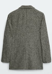 Grijze en zwarte geruite jas met een kraag, lange mouwen en een recht gesneden model, gemaakt van een textured geweven stof.