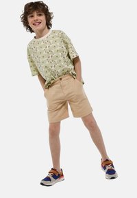 T-shirt vert à motifs avec des manches courtes, associé à un short beige. Les chaussures présentent des accents bleus, rouges et marron. Textures lisses tout au long.