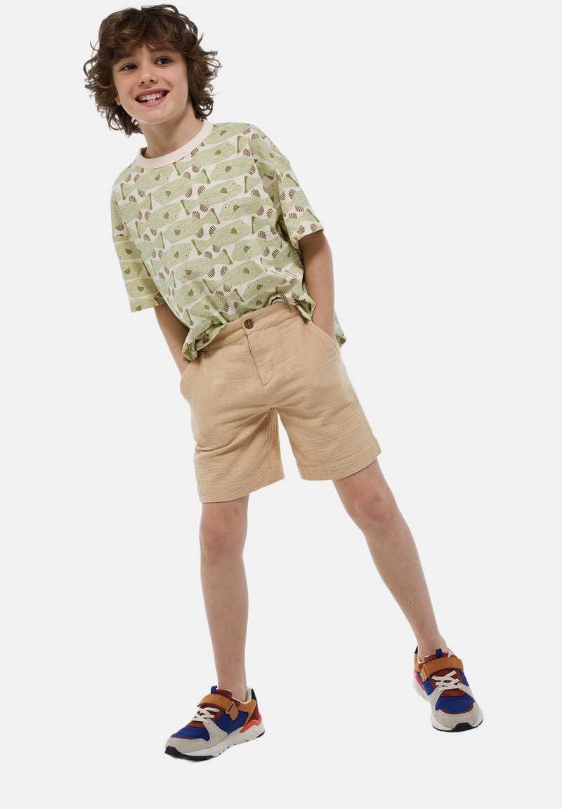 T-shirt vert à motifs avec des manches courtes, associé à un short beige. Les chaussures présentent des accents bleus, rouges et marron. Textures lisses tout au long.