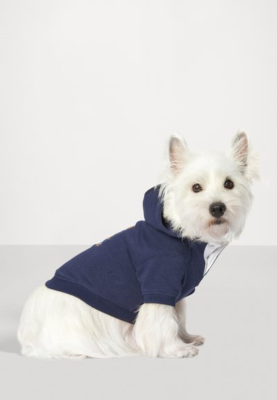 Houdi pour chien bleu marine avec un col blanc et un petit design graphique. Tissu doux, manches courtes et détail de poche kangourou.