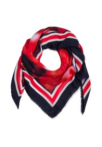 Silk scarf with a red, navy, and white chevron pattern; features a soft texture and fringed edges. Subtle sparkling accents included.