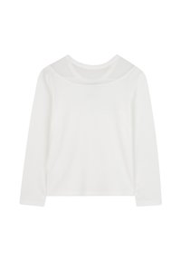 Haut blanc à manches longues pour femmes avec un col rond et un détail en mesh transparent au niveau de la poitrine et du dos.