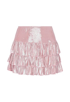 Pink velvet mini skirt with three horizontal ruffled tiers and a fitted waistband.