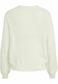 Cream-colored knit sweater with a textured pattern, raglan sleeves, and ribbed hem and cuffs. Back view highlights simplicity in design.