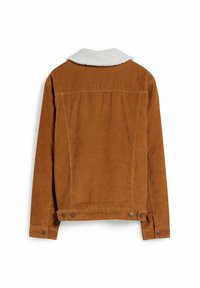 Braune Cordjacke mit weißem Lammfellkragen, gerader Schnitt, knöpfbaren Manschetten und dekorativer Naht entlang der Nähte.