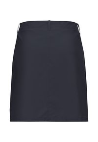 Jupe bleu marine en tissu lisse et léger. Elle présente une ceinture plate avec des coutures et des passants latéraux. Coupe droite sans motifs visibles.