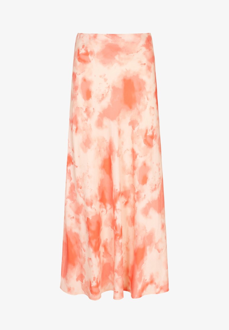 Jupe longue et fluide avec un motif tie-dye corail et crème et un tissu lisse et léger.