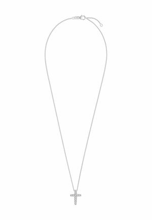 Silberne Halskette mit einer filigranen Kette und einem funkelnden Kreuz-Anhänger. Das Kreuz ist mit klaren Verzierungen versehen, die für zusätzliche visuelle Details sorgen.