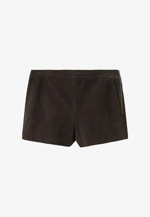 Shorts corti in camoscio marrone scuro con tasche frontali e dettaglio con cerniera sul lato destro.