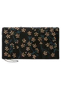 Pochette noire ornée d'une broderie florale en or et bleu. Surface texturée avec une bandoulière chaîne. Forme rectangulaire, embellie de fausses pierres précieuses.