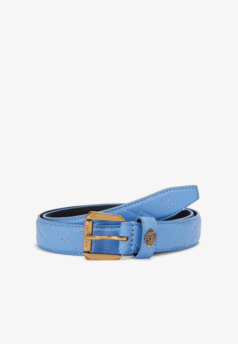Blue quilted leather belt with contrasting stitching and a gold-tone buckle. Features a decorative accent near the buckle.