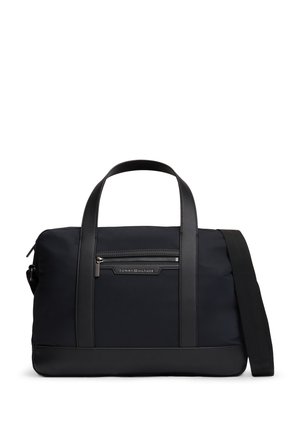 Schwarze rechteckige Handtasche mit zwei kurzen Henkeln und einem langen Schulterriemen, mit einer vorderen Reißverschlusstasche mit Tommy Hilfiger-Logo.