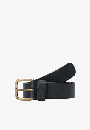 Black leather belt with a brushed brass buckle, flat design, featuring a single leather keeper and contrasting stitching detail.
