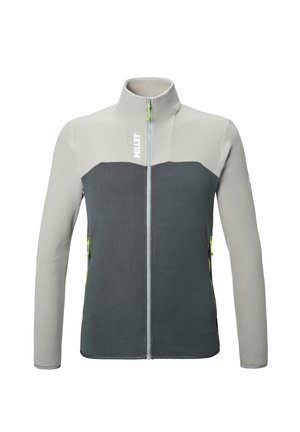 Veste polaire intégrale zippée gris bicolore avec col montant, fermeture éclair avant, poches latérales zippées et logo "MILLET" sur la poitrine.