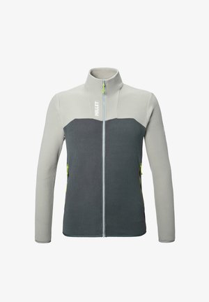 Veste polaire intégrale zippée gris bicolore avec col montant, fermeture éclair avant, poches latérales zippées et logo "MILLET" sur la poitrine.