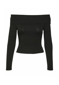 Musta olkaimia jättävä pitkähiha toppi joustavaa kangasta, vartalonmyötäinen malli, lyhyt pituus, sileä tekstuuri ilman kuvioita.