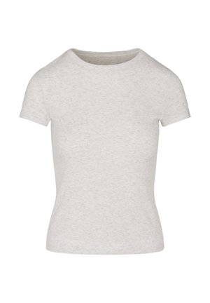 T-shirt gris clair à manches courtes, col rond ajusté, avec une texture chinée subtile sur un fond blanc.