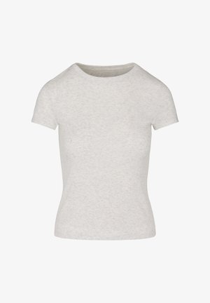 T-shirt gris clair à manches courtes, col rond ajusté, avec une texture chinée subtile sur un fond blanc.