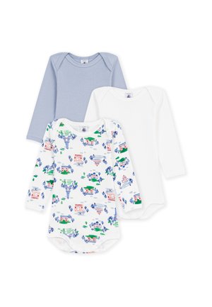 Tre body per bambini a manica lunga in azzurro chiaro, bianco semplice e bianco con stampa colorata di paesaggio urbano.
