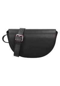 Borsa a tracolla in pelle nera con design curvo, superficie testurizzata, cinturino regolabile e fibbia argentata. Presenta sottili motivi a onda.