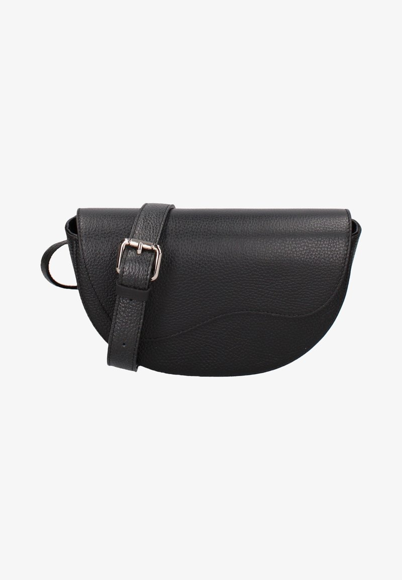 Black leather crossbody bag with a curved design, textured surface, adjustable strap, and a silver buckle. Features subtle wave patterns.