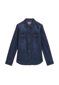 Camicia in denim blu scuro con colletto a punta, chiusura frontale con bottoni e due tasche sul petto. Presenta maniche lunghe e orlo curvo.