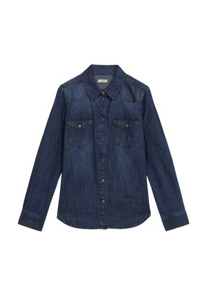 Camicia in denim blu scuro con colletto a punta, chiusura frontale con bottoni e due tasche sul petto. Presenta maniche lunghe e orlo curvo.