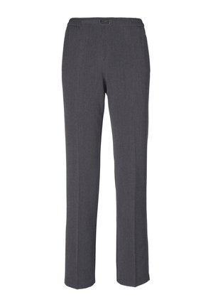 Grijze broeken met een rechte pijp, elastische tailleband en een decoratieve riemlus. Gemaakt van een textuurstof.