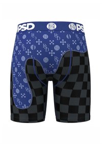 Boxeri pentru bărbați cu brâu elastic albastru, model cu carouri negre și accente albastre ce prezintă logouri și modele, fabricate din material elastic.