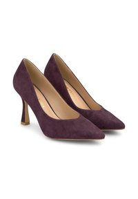 Purple suede high heels with a pointed toe, a tapered heel, and a smooth beige insole. Gold accent on the heel base.