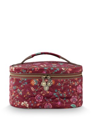 Rectangular quilted burgundy floral bag with handle on top and double decorative zipper pulls in front.