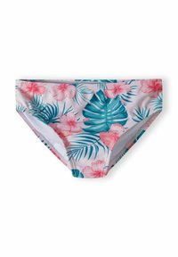 Uimapuku, jossa on trooppinen kukkakuosi, pinkkejä hibiskuksia ja turkooseja lehtiä valkoisella taustalla; sileä, joustava kangas.