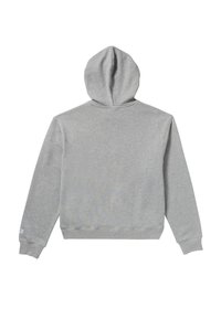 Szary hoodie z kapturem o teksturowanym wykończeniu, z długimi rękawami i ściągaczami. Brak widocznych logo lub wzorów z tyłu.