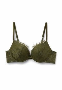 Olijfgroen kanten beha met verstelbare bandjes, gevoerde cups en bloemenpatroon. Beschikt over een haak-en-oogsluiting aan de achterkant.