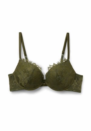 Soutien-gorge en dentelle vert olive avec bretelles réglables, bonnets rembourrés et motif floral. Caractérisé par une fermeture à crochet et œil à l'arrière.