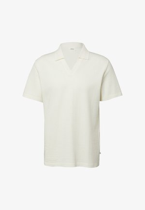 Koszulka polo o krótkim rękawie, kremowa, teksturowana, z otwartym kołnierzem w kształcie litery V, wykonana z lekkiego materiału.