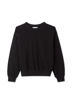 Felpa nera in misto cotone, con scollo girocollo, maniche lunghe, polsini a costine e fascia elastica in vita. Senza motivi o decorazioni.