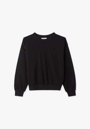 Felpa nera in misto cotone, con scollo girocollo, maniche lunghe, polsini a costine e fascia elastica in vita. Senza motivi o decorazioni.
