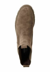 Brown suede ankle boot with a round toe, elastic side panels, and a textured rubber sole. Features a pull tab on the back.